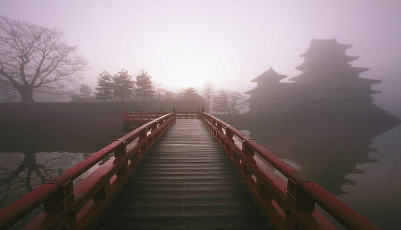 Samurai's way, zen, fog, mist, japan, bridge, nature, scene, landscape, harmony, HD wallpaper
