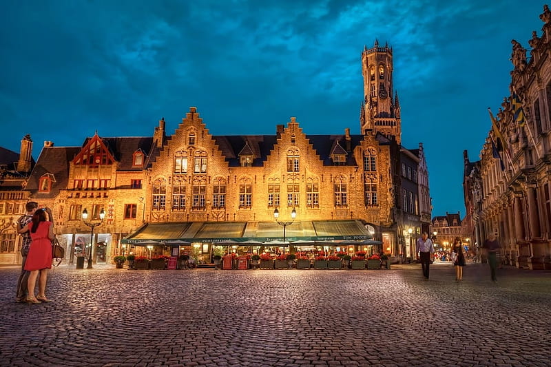 Bruge, Belgium, building, people, place, r, evening, lights, HD wallpaper