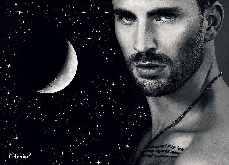 Chris Evans, stars, moon, tattoo, black, man, by cehenot, sky, moon, bw ...