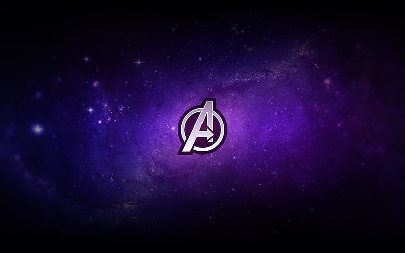 Avengers logo, 2019, Avengers Endgame, purple background, promotional materials, logo, HD wallpaper