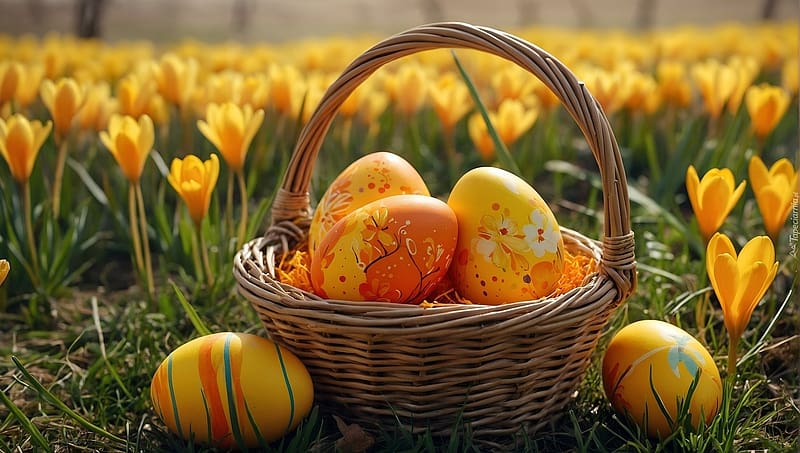 Colorful Easter eggs in a basket among yellow crocuses, sarga, husvet, kosar, husveti tojasok, krokuszok, szines husveti tojasok, HD wallpaper