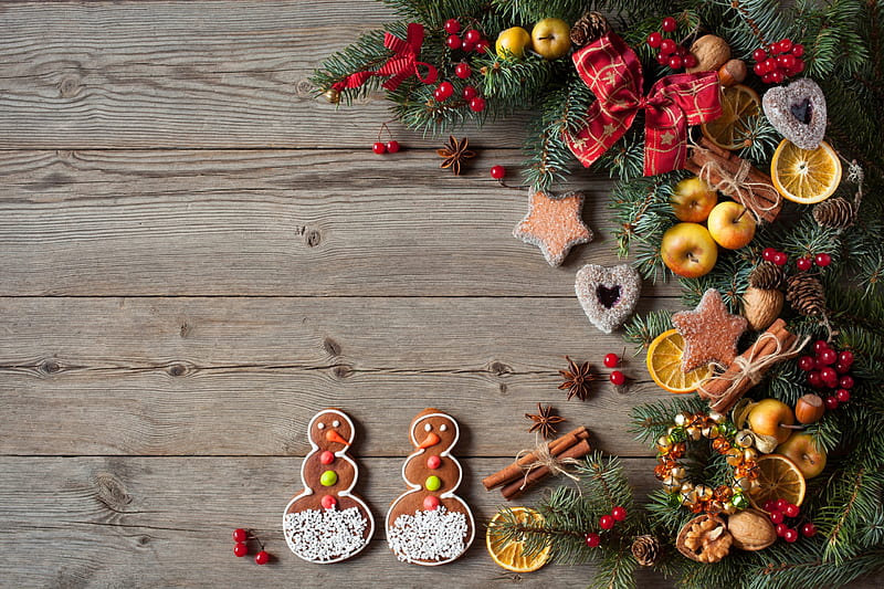 Merry Christmas!, deco, craciun, food, snowman, sweet, card, gingerbread, chrismtas, wood, HD wallpaper