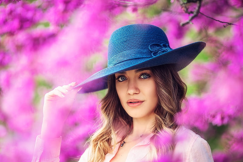 Beauty, hat, blue, girl, model, woman, pink, HD wallpaper