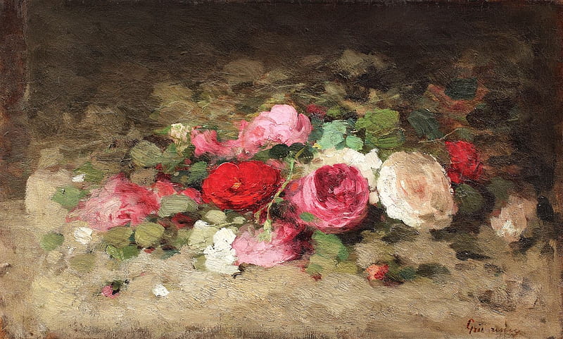 Roses, red, trandafiri, art, rose, ion grigorescu, painting, flower, white, pictura, pink, HD wallpaper
