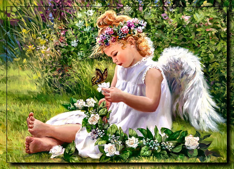 Garden Angel F1Cmp, art, angel, bonito, illustration, artwork, fantasy, little girl, painting, wide screen, HD wallpaper