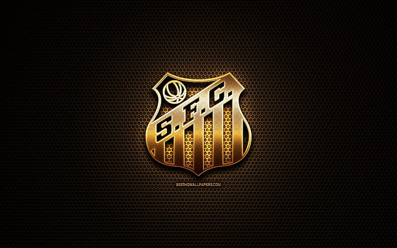 Santos FC, glitter logo, Seria A, brazilian football club, metal grid background, Santos glitter logo, football, soccer, SFC, Brazil, HD wallpaper
