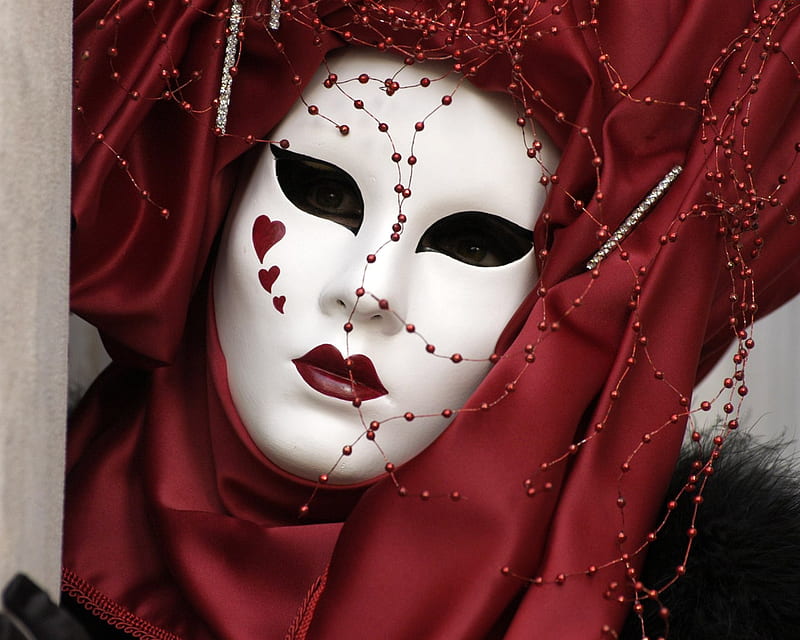 fancy mask, red, female, satin, corazones, diamonds, vail, beads, fancy, white, mask, HD wallpaper