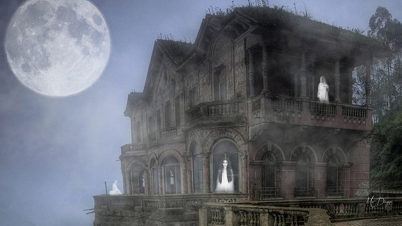 Haunted House on the Hill, house, evil, haunted, fog, goth, windows, moon, ghosts, gothic, full moon, scary, Halloween, HD wallpaper