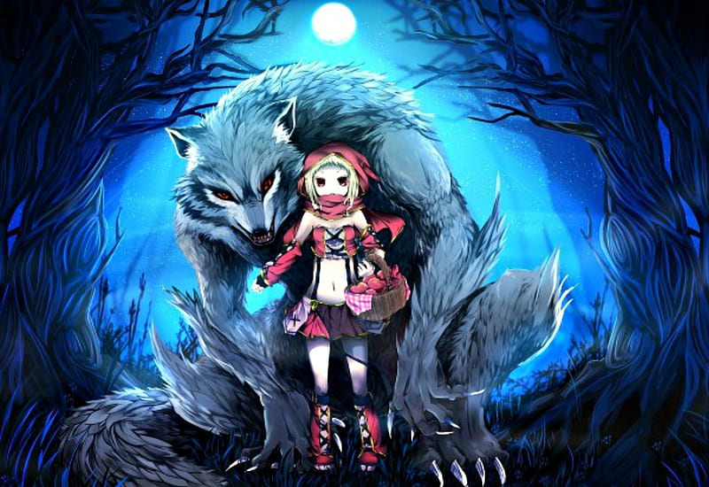 Little Red & Big Wolf, red, fairytail, hood, little, little red rideing hood, rideing, fairy tail, fantasy, anime, big wolf, new, wolf, HD wallpaper