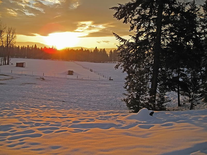Sunrise across Winter Paradise, snow, sunrise, sky, winter, landscape, HD wallpaper