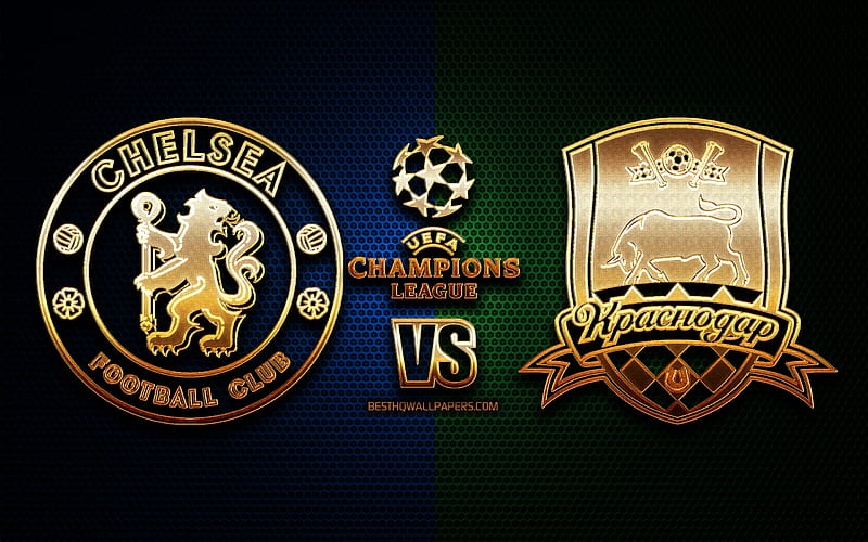 Chelsea vs Krasnodar, season 2020-2021, Group E, UEFA Champions League, metal grid backgrounds, golden glitter logo, Chelsea FC, FC Krasnodar, UEFA, HD wallpaper