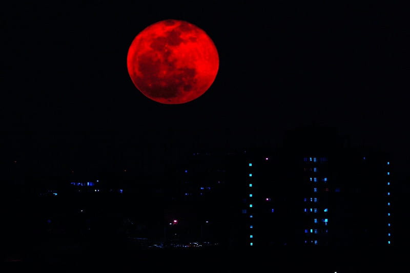 RED MOON, red, moon, city, full mon, lights, HD wallpaper