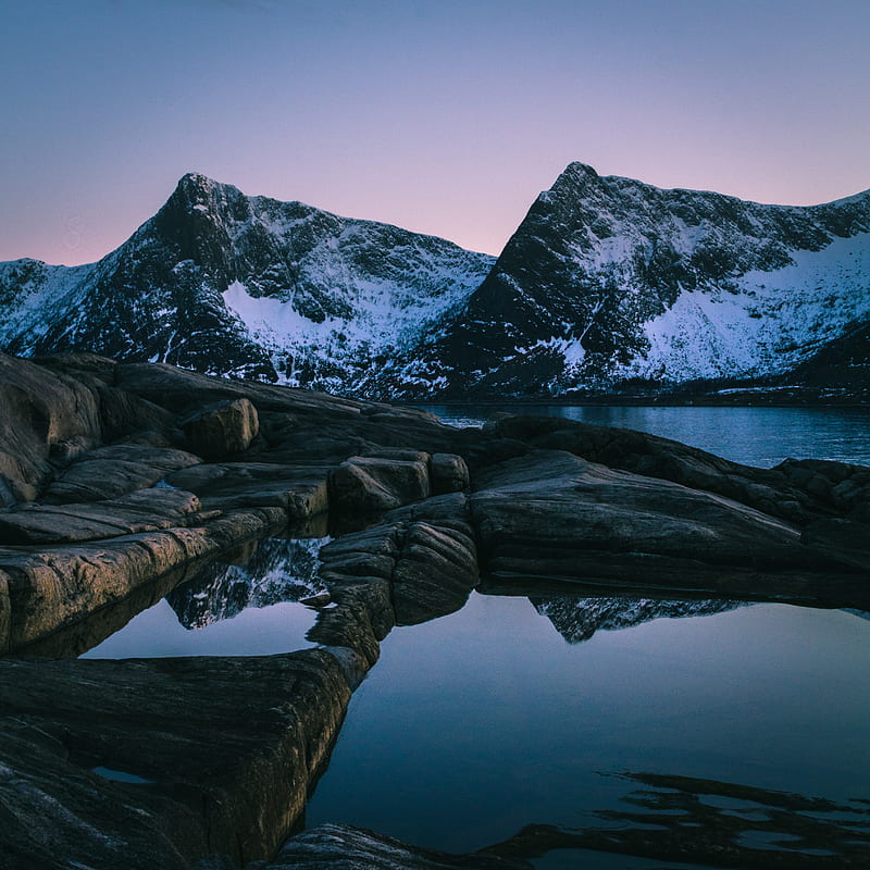sunset, mountain, lake, snowy, norway, HD phone wallpaper