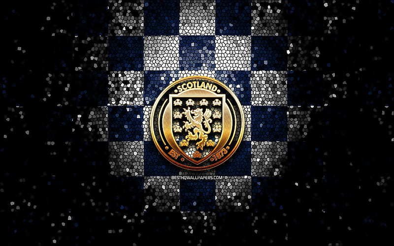 Scottish football team, glitter logo, UEFA, Europe, blue white checkered background, mosaic art, soccer, Scotland National Football Team, SFA logo, football, Scotland, HD wallpaper