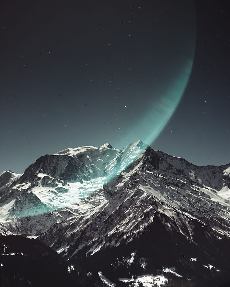 mountain, peak, snowy, light, starry sky, HD phone wallpaper