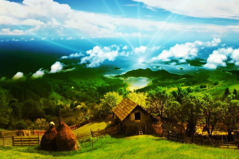Living in Nature, fields, cabin, clouds, sky, artwork, landscape, HD ...