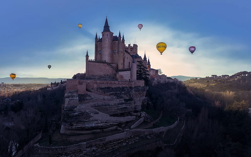Alcazar Castle, Castile and Leon, evening, Alcazar, sunset, beautiful castle, Segovia, Zamarramala, Spain, Balloon, HD wallpaper