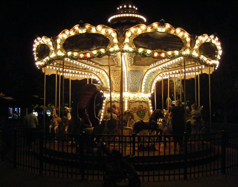 Carousel, amusement park, dark, merry-go-round, fun, HD wallpaper