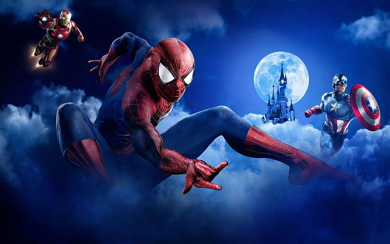 Spiderman, red, moon, movie, comics, fantasy, moon, captain america, blue, HD wallpaper