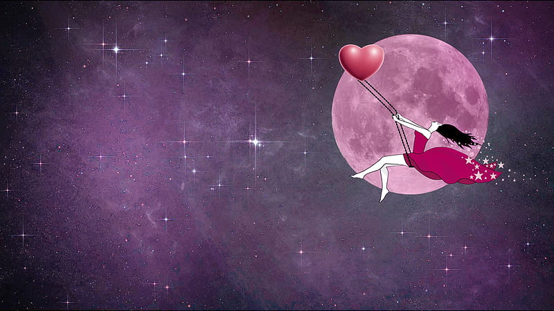 Once in a Pink Moon , stars, sky, woman, carmencitazapacita, Moon, purple, swing, heart, moon, pink, HD wallpaper