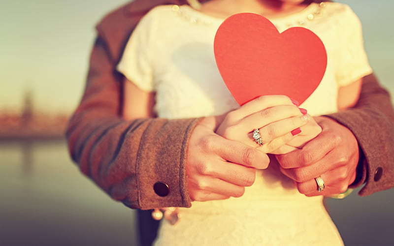loving couple, engagement ring, red heart, romance, love concepts, hands, HD wallpaper