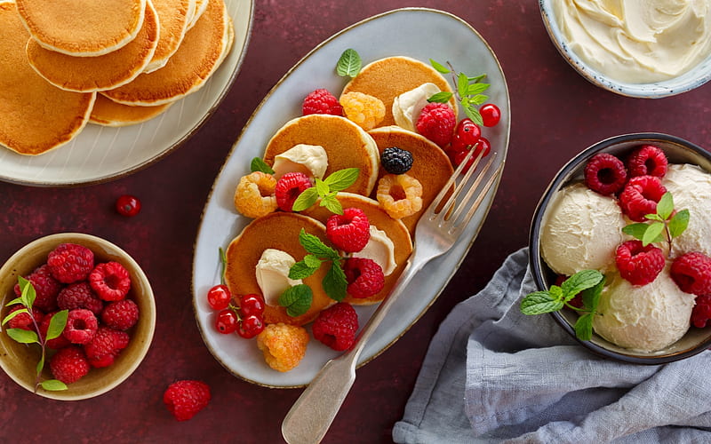 Pancakes with Ice Cream, pancakes, berries, food, ice cream, desert, HD wallpaper