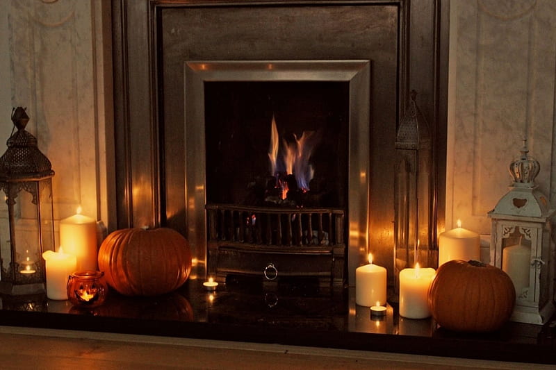 Cozy Autumn Evening, Fall, fireplace, lanterns, Autumn, pumpkins, candles, HD wallpaper