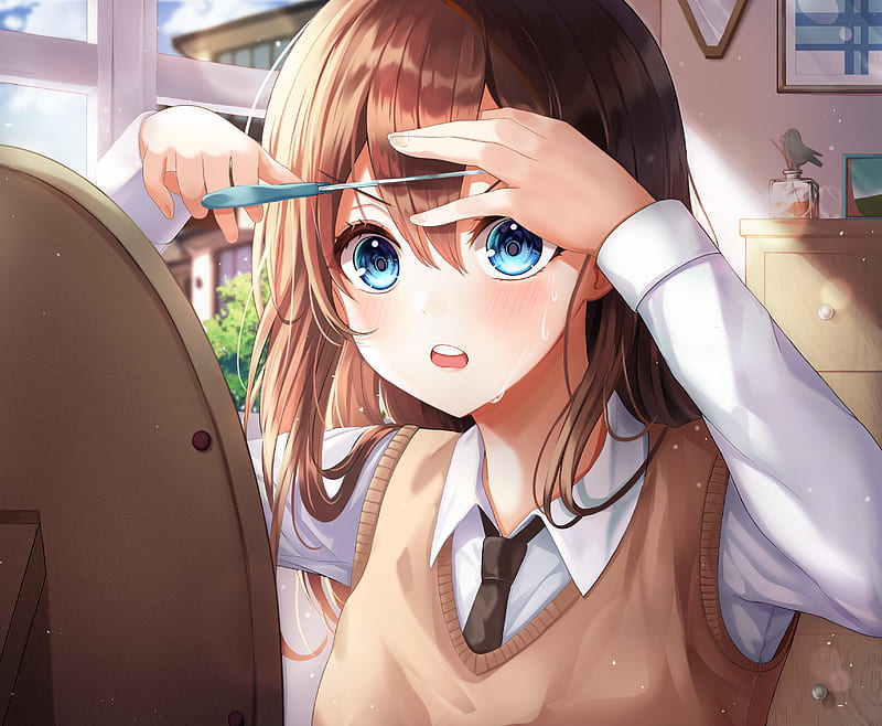 anime school girl, cutting bangs, brown hair, school uniform, mirror, Anime, HD wallpaper