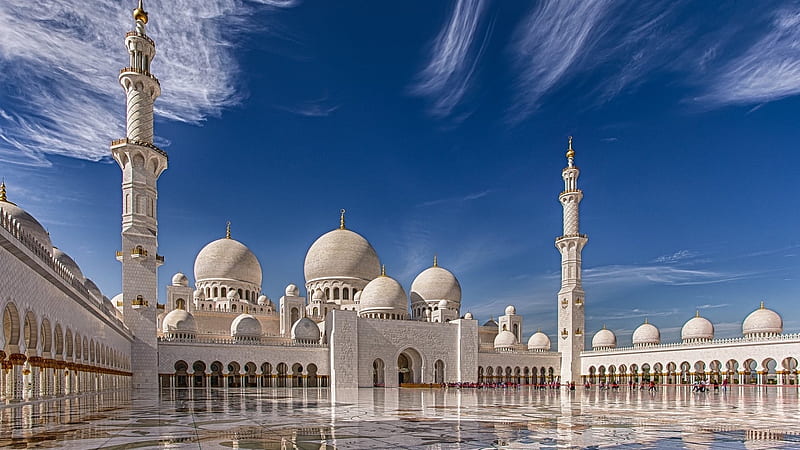 Grand Mosque Abu Dhabi, religion, sky, mosque, building, minarets, domes, HD wallpaper