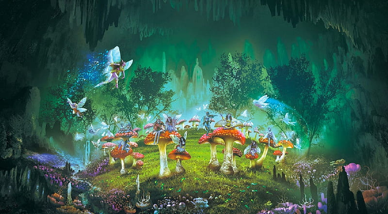 Pixie Forest, pretty, pixies, art, forest, lovely, female, bonito, fantasy, digital, fairies, mushrooms, HD wallpaper
