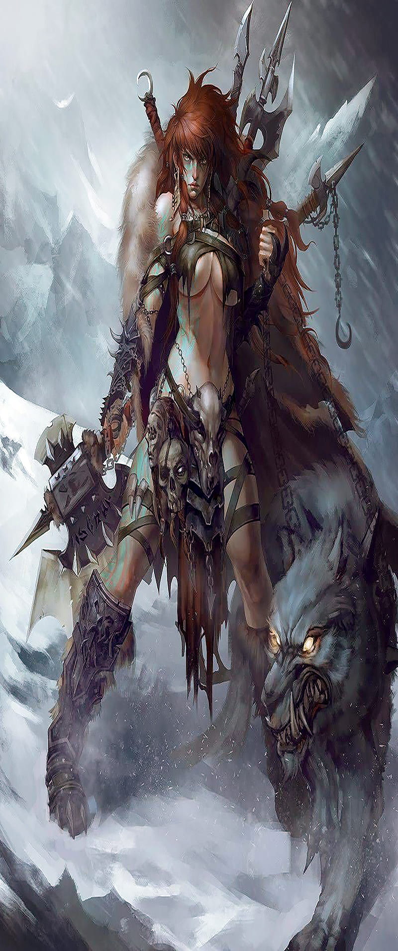 Barbarian Huntress, beast master, diablo, female, hunter, pet, weapons, wolf, HD phone wallpaper