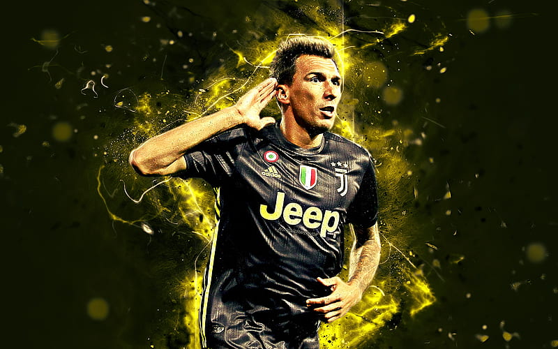 Mario Mandzukic, black uniform, croatian footballer, Juventus FC, soccer, Serie A, Mandzukic, neon lights, Bianconeri, HD wallpaper