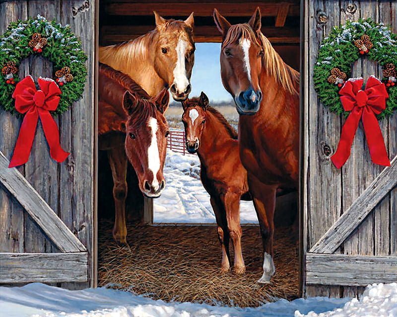 Horse Barn Christmas F1, art, colt, christmas, equine, bonito, foal, horse, artwork, animal, winter, wreaths, snow, painting, wide screen, HD wallpaper