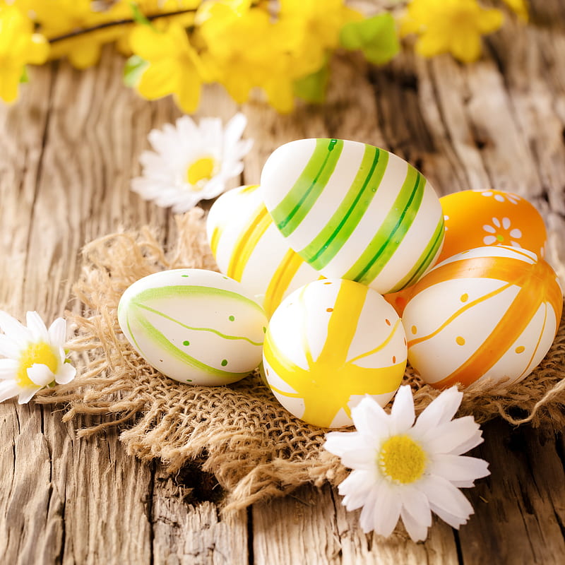 Easter, celebration, colors, decoration, egg, flower, holiday, wood, HD phone wallpaper