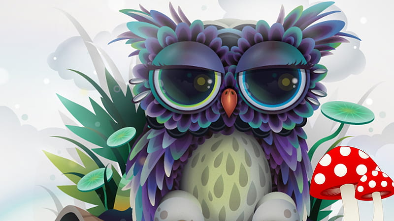 Owl of Cuteness, toadstools, cute, owl, bird, big eyes, mushrooms, wise, Firefox Persona theme, HD wallpaper