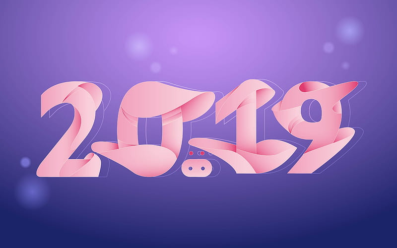 2019 year, pink digits, violet background, 2019 concepts, 3D digits, Happy New Year 2019, creative, HD wallpaper