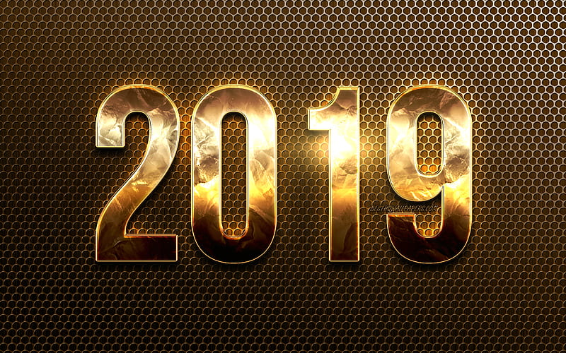 2019 bronze digits, brown background, Happy New Year 2019, brown digits, 2019 concepts, 2019 on metal grid, 2019 year digits, HD wallpaper