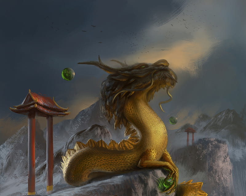 Golden dragon, golden, art, cher see goh, fantasy, luminos, asian, yellow,  dragon, HD wallpaper | Peakpx