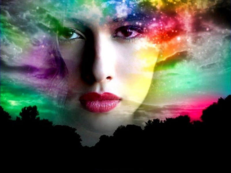 Beautiful Woman, beautiful eyes, rainbow sky, face, dark forest, lips, HD wallpaper