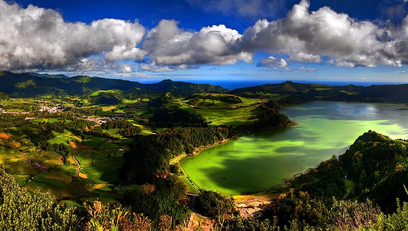 Landscape, Lake, Forest, Panorama, Cloud, Portugal, , Azores, HD wallpaper