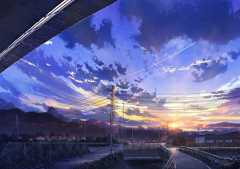 anime, sunset, lake, digital art, clouds, sky, sunset glow, mountains,  water, street light, signature, stars | 3072x4879 Wallpaper - wallhaven.cc