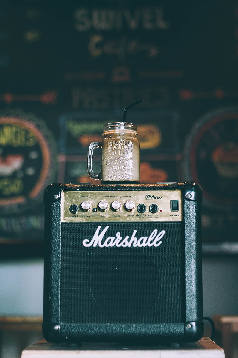 black Marshall guitar amplifier with glass mug on top filled with beverage, HD phone wallpaper