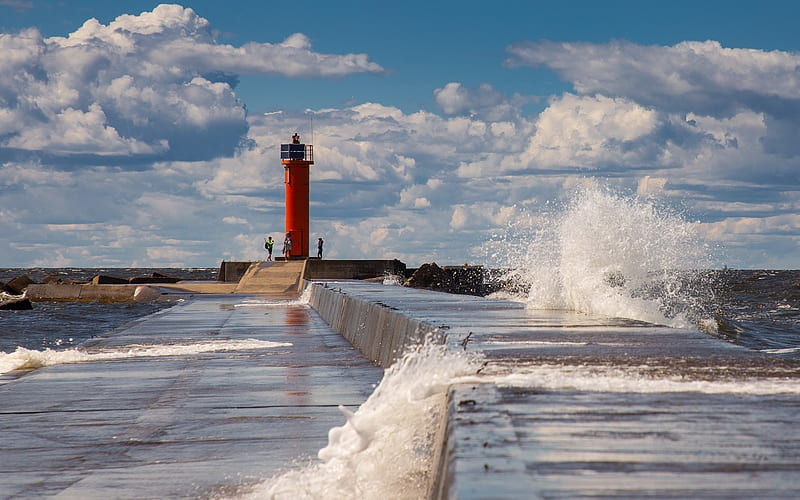 Lighthouse in Latvia, breakwater, splash, Latvia, clouds, sea, lighthouse, wave, HD wallpaper