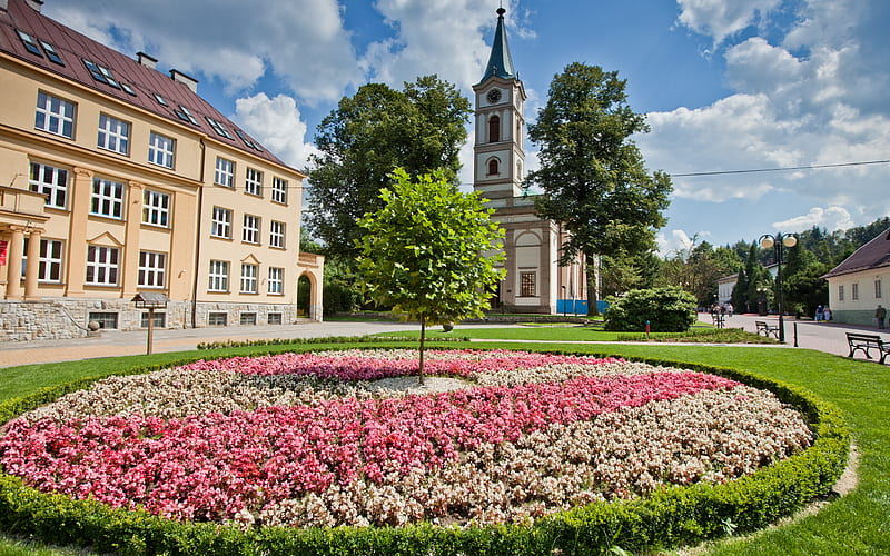 Small Town Wisla, Poland, Poland, flowers, town, square, HD wallpaper