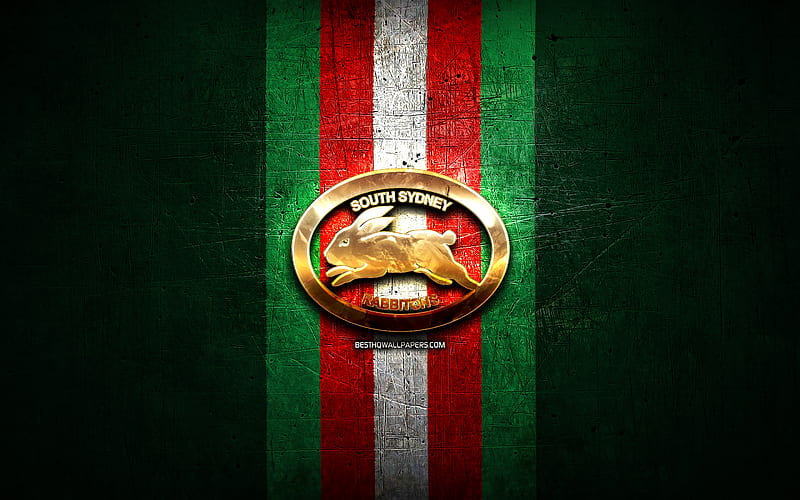 South Sydney Rabbitohs, golden logo, National Rugby League, green metal background, australian rugby club, South Sydney Rabbitohs logo, rugby, NRL, HD wallpaper