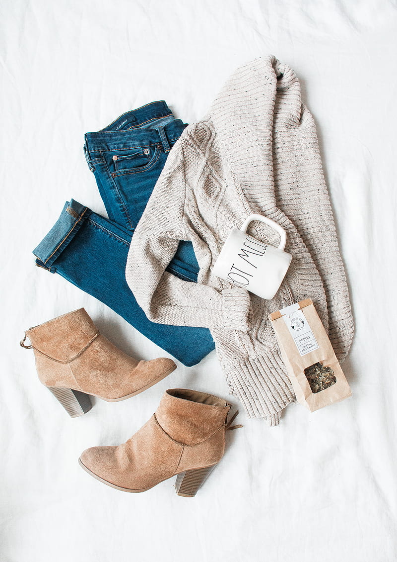 gray cardigan, blue jeans, and pair of brown chunky heeled shoes, HD phone wallpaper