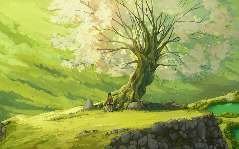 sample, tree, girl, anime, landscape, HD wallpaper