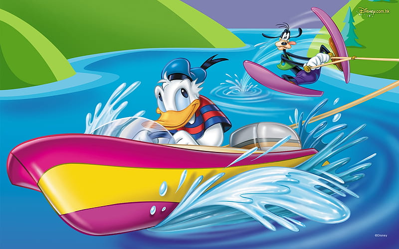 Donald Duck and Gooffy, donald duck, yellow, cartoon, boat, water, animation, summer, gooffy, pink, disney, blue, HD wallpaper