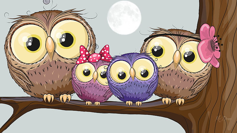 Owl FAmily, family, birds, smile, cartoon, owls, happy, cute, tree, moon,  Firefox Persona theme, HD wallpaper | Peakpx