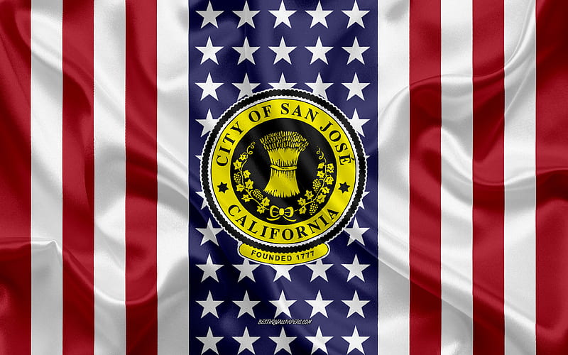 San Jose Seal silk texture, American Flag, USA, San Jose, California, American City, Seal of the San Jose, silk flag, HD wallpaper